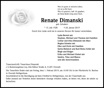 Anzeige von Renate Dimanski von Kölner Stadt-Anzeiger / Kölnische Rundschau / Express
