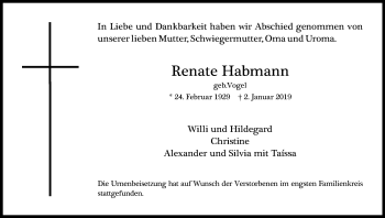 Anzeige von Renate Habmann von Kölner Stadt-Anzeiger / Kölnische Rundschau / Express