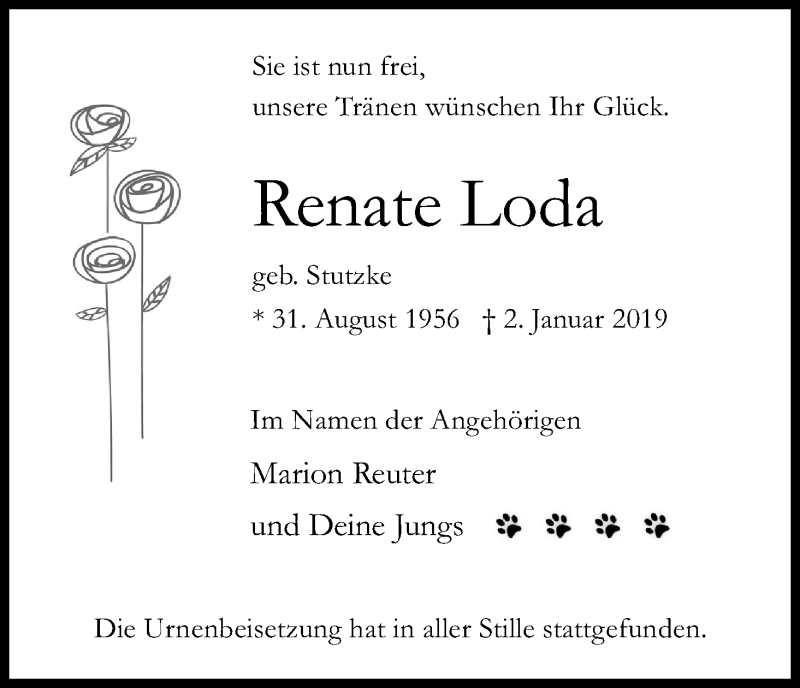  Traueranzeige für Renate Loda vom 19.01.2019 aus Kölner Stadt-Anzeiger / Kölnische Rundschau / Express