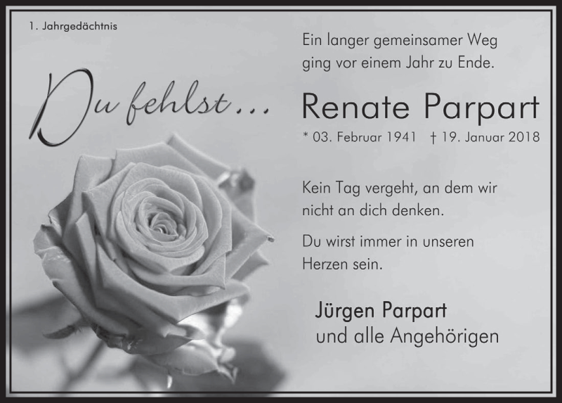  Traueranzeige für Renate Parpart vom 19.01.2019 aus  Sonntags-Post 