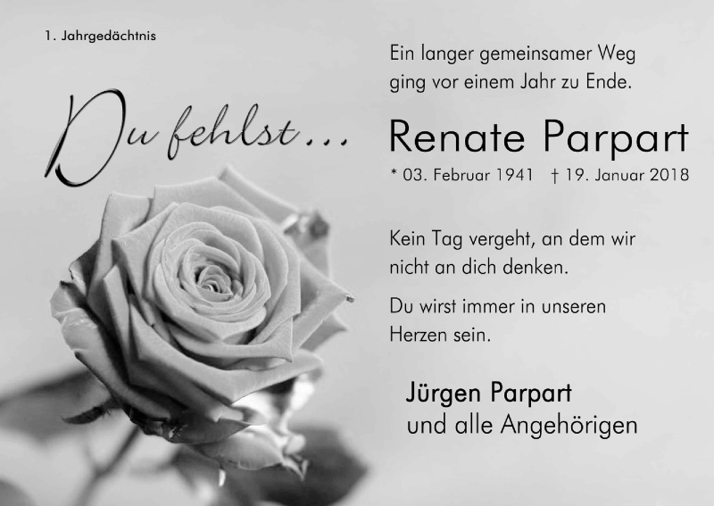  Traueranzeige für Renate Parpart vom 19.01.2019 aus Kölner Stadt-Anzeiger / Kölnische Rundschau / Express