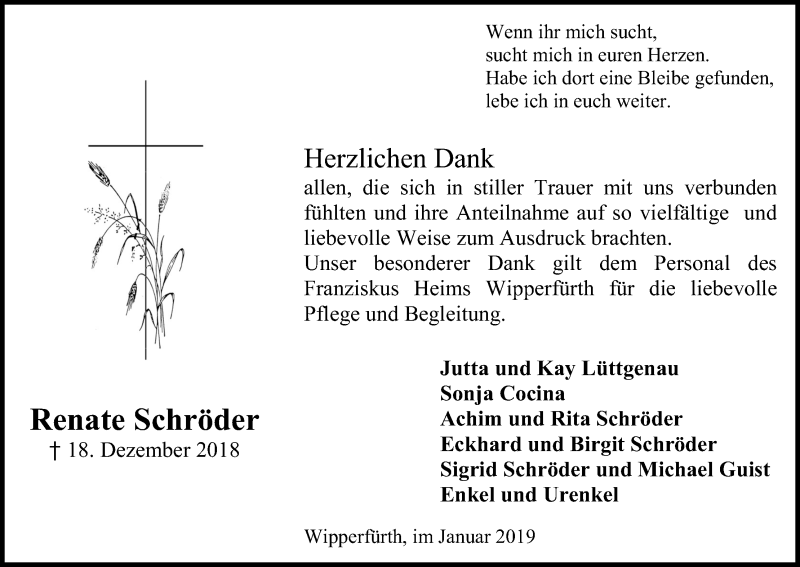  Traueranzeige für Renate Schröder vom 19.01.2019 aus Kölner Stadt-Anzeiger / Kölnische Rundschau / Express