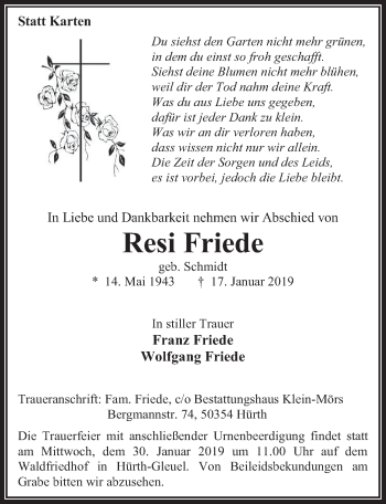 Anzeige von Resi Friede von  Wochenende 