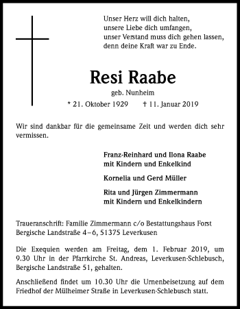 Anzeige von Resi Raabe von Kölner Stadt-Anzeiger / Kölnische Rundschau / Express
