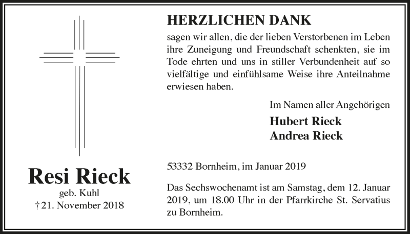  Traueranzeige für Resi Rieck vom 02.01.2019 aus  Schaufenster/Blickpunkt 