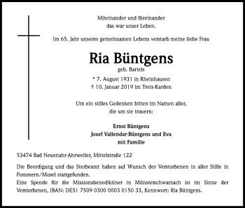 Anzeige von Ria Büntgens von Kölner Stadt-Anzeiger / Kölnische Rundschau / Express