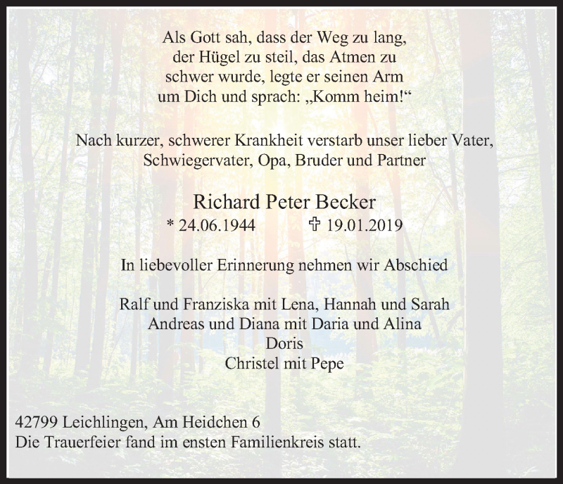  Traueranzeige für Richard Peter Becker vom 26.01.2019 aus Kölner Stadt-Anzeiger / Kölnische Rundschau / Express