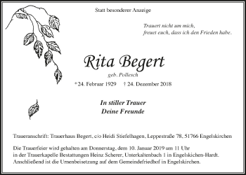 Anzeige von Rita Begert von  Anzeigen Echo 