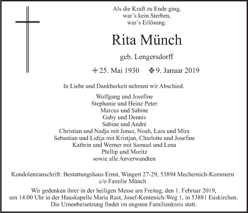  Traueranzeige für Rita Münch vom 19.01.2019 aus  Blickpunkt Euskirchen 