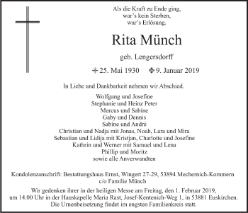 Anzeige von Rita Münch von  Blickpunkt Euskirchen 