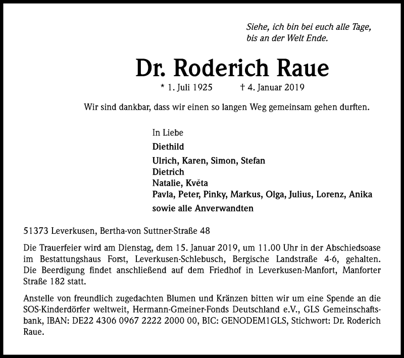  Traueranzeige für Roderich Raue vom 11.01.2019 aus Kölner Stadt-Anzeiger / Kölnische Rundschau / Express