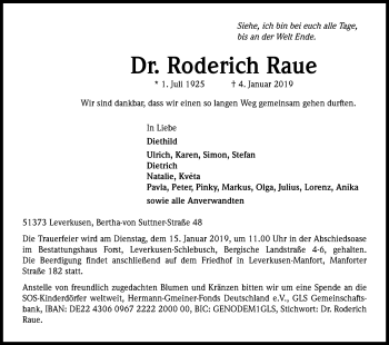 Anzeige von Roderich Raue von Kölner Stadt-Anzeiger / Kölnische Rundschau / Express