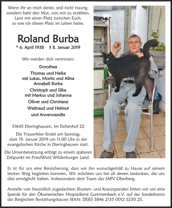 Anzeige von Roland Burba von Kölner Stadt-Anzeiger / Kölnische Rundschau / Express