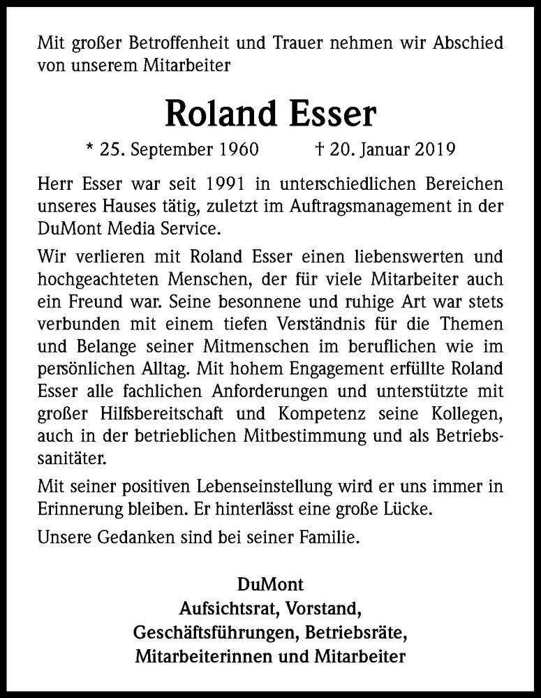  Traueranzeige für Roland Esser vom 26.01.2019 aus Kölner Stadt-Anzeiger / Kölnische Rundschau / Express