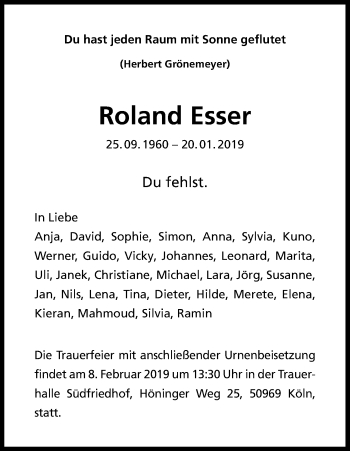 Anzeige von Roland Esser von Kölner Stadt-Anzeiger / Kölnische Rundschau / Express