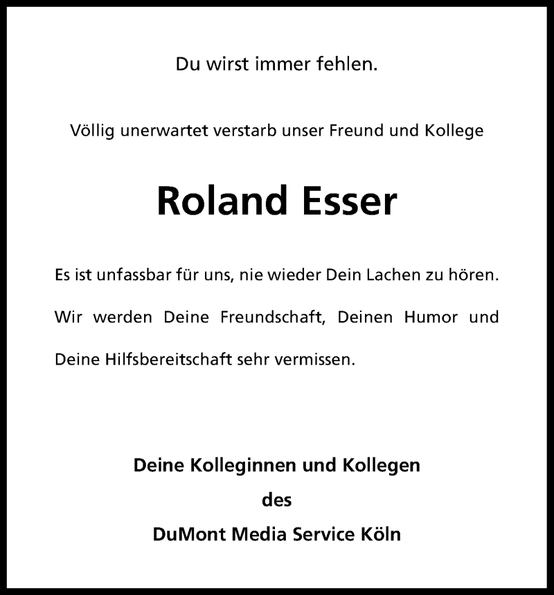  Traueranzeige für Roland Esser vom 26.01.2019 aus Kölner Stadt-Anzeiger / Kölnische Rundschau / Express