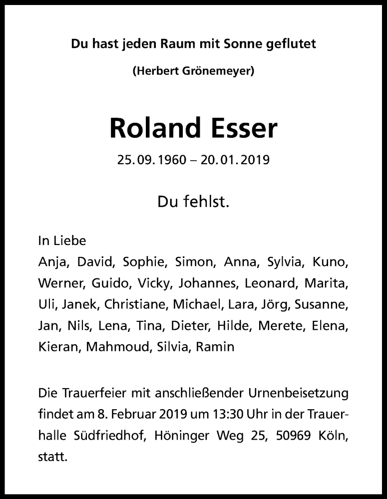  Traueranzeige für Roland Esser vom 26.01.2019 aus Kölner Stadt-Anzeiger / Kölnische Rundschau / Express