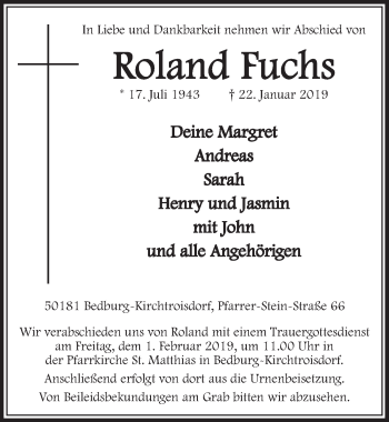 Anzeige von Roland Fuchs von  Sonntags-Post 