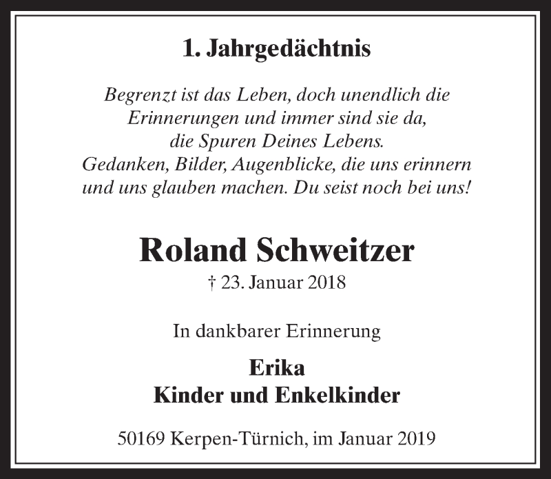  Traueranzeige für Roland Schweitzer vom 23.01.2019 aus  Werbepost 