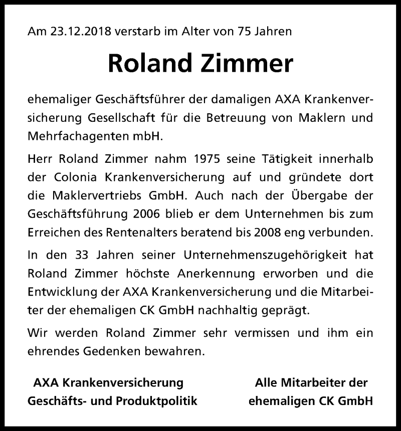  Traueranzeige für Roland Zimmer vom 09.01.2019 aus Kölner Stadt-Anzeiger / Kölnische Rundschau / Express