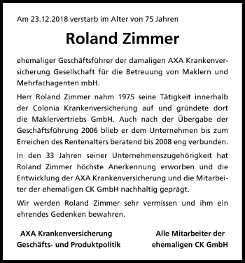 Anzeige von Roland Zimmer von Kölner Stadt-Anzeiger / Kölnische Rundschau / Express