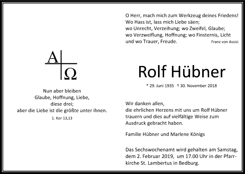  Traueranzeige für Rolf Hübner vom 26.01.2019 aus Kölner Stadt-Anzeiger / Kölnische Rundschau / Express