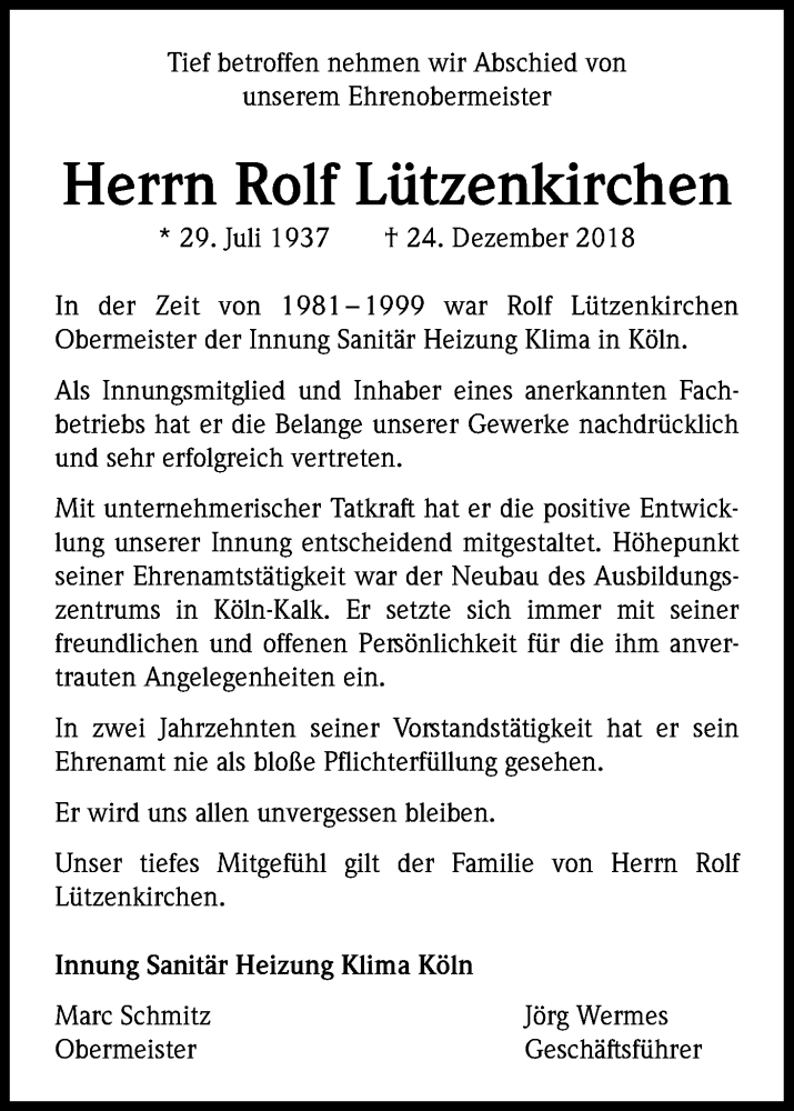  Traueranzeige für Rolf Lützenkirchen vom 02.01.2019 aus Kölner Stadt-Anzeiger / Kölnische Rundschau / Express