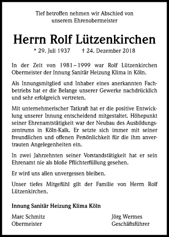 Anzeige von Rolf Lützenkirchen von Kölner Stadt-Anzeiger / Kölnische Rundschau / Express