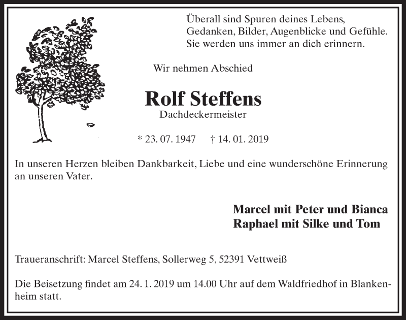  Traueranzeige für Rolf Steffens vom 19.01.2019 aus  Sonntags-Post 