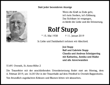 Anzeige von Rolf Stupp von Kölner Stadt-Anzeiger / Kölnische Rundschau / Express