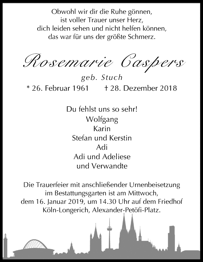  Traueranzeige für Rosemarie Caspers vom 12.01.2019 aus Kölner Stadt-Anzeiger / Kölnische Rundschau / Express