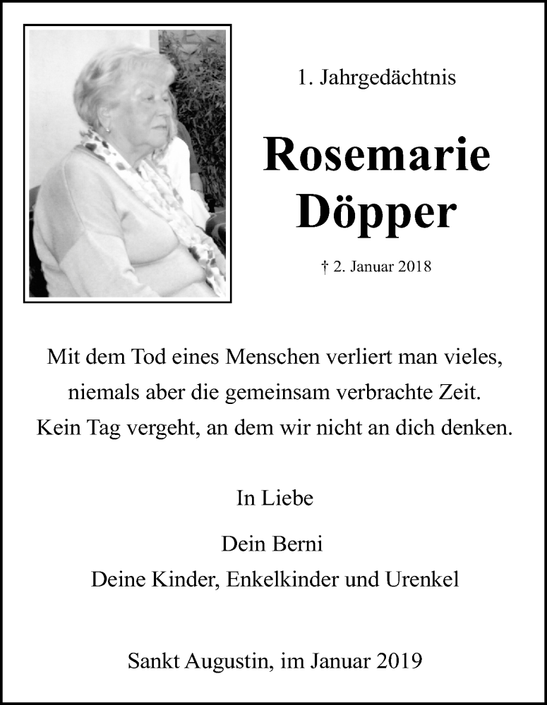  Traueranzeige für Rosemarie Döpper vom 02.01.2019 aus Kölner Stadt-Anzeiger / Kölnische Rundschau / Express