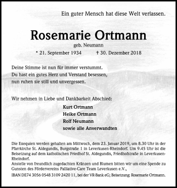 Anzeige von Rosemarie Ortmann von Kölner Stadt-Anzeiger / Kölnische Rundschau / Express
