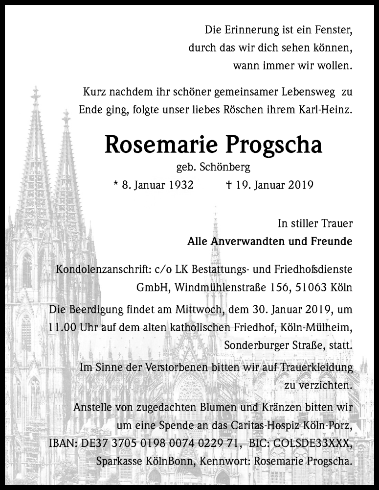  Traueranzeige für Rosemarie Progscha vom 26.01.2019 aus Kölner Stadt-Anzeiger / Kölnische Rundschau / Express