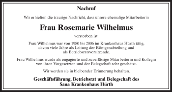 Anzeige von Rosemarie Wilhelmus von  Sonntags-Post 