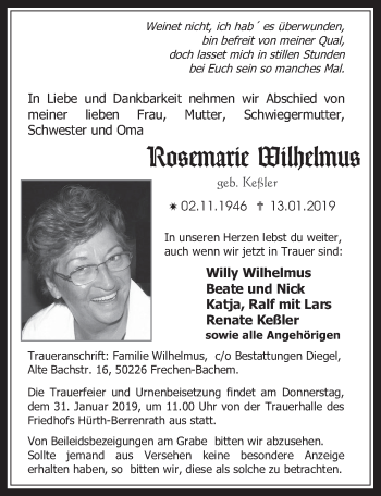 Anzeige von Rosemarie Wilhelmus von  Wochenende 