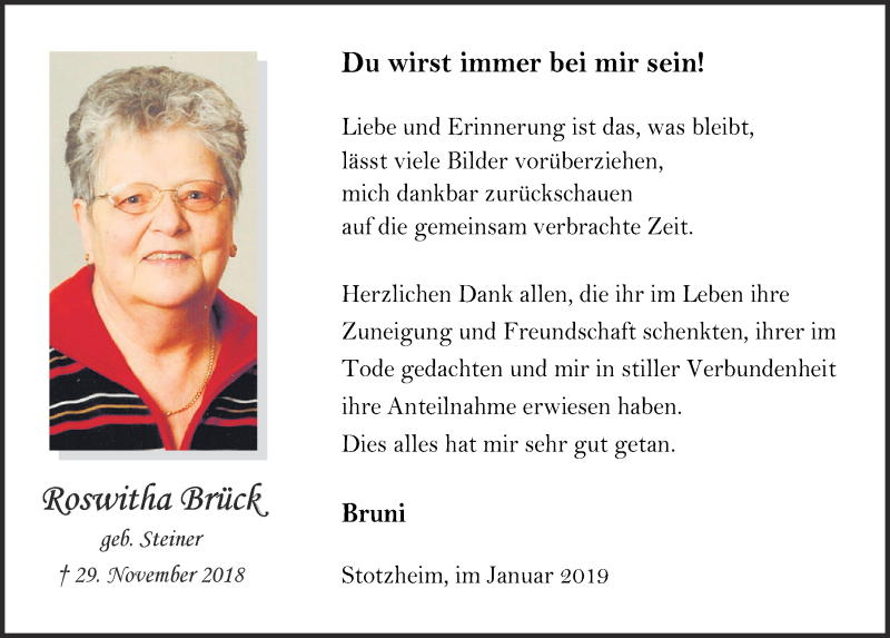  Traueranzeige für Roswitha Brück vom 19.01.2019 aus  Blickpunkt Euskirchen 