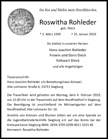 Anzeige von Roswitha Rohleder von Kölner Stadt-Anzeiger / Kölnische Rundschau / Express