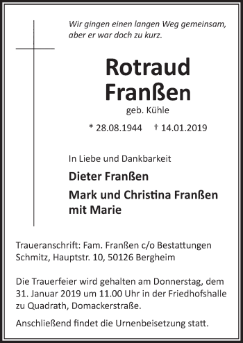 Anzeige von Rotraud Franßen von  Sonntags-Post 