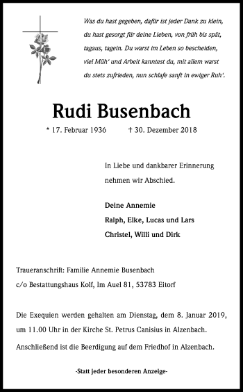 Anzeige von Rudi Busenbach von Kölner Stadt-Anzeiger / Kölnische Rundschau / Express