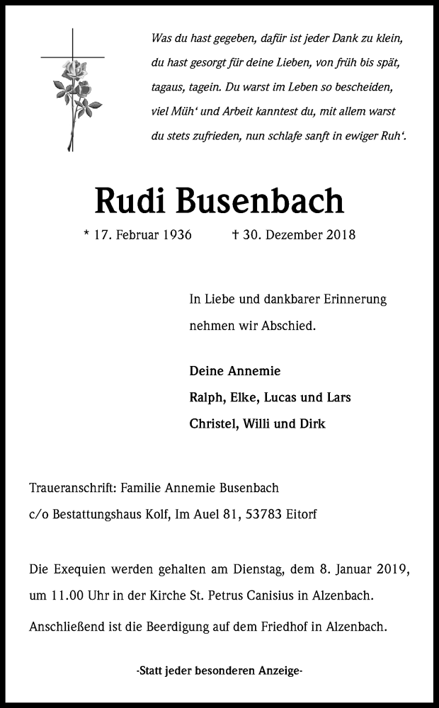  Traueranzeige für Rudi Busenbach vom 05.01.2019 aus Kölner Stadt-Anzeiger / Kölnische Rundschau / Express