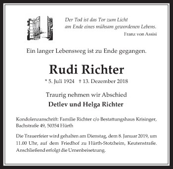 Anzeige von Rudi Richter von  Wochenende 