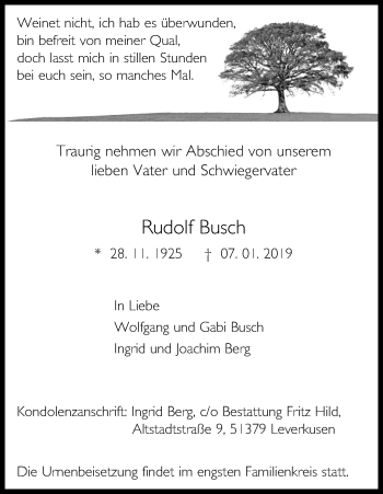 Anzeige von Rudolf Busch von Kölner Stadt-Anzeiger / Kölnische Rundschau / Express
