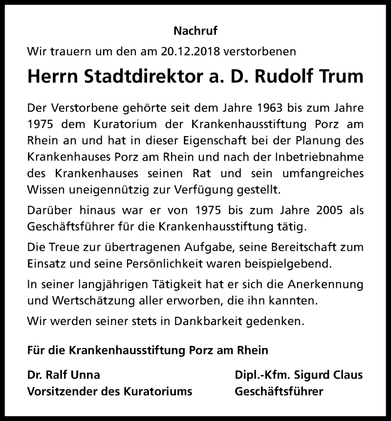  Traueranzeige für Rudolf Trum vom 12.01.2019 aus Kölner Stadt-Anzeiger / Kölnische Rundschau / Express