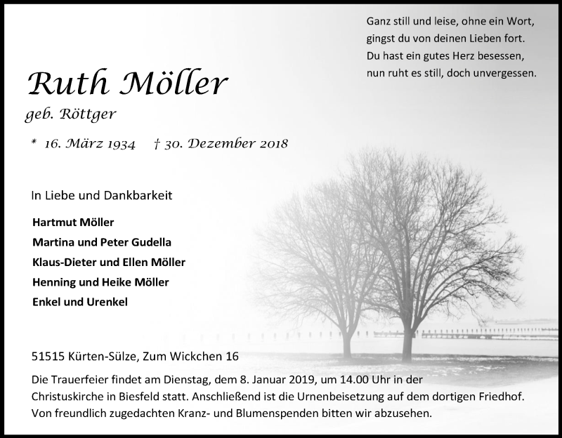  Traueranzeige für Ruth Möller vom 05.01.2019 aus Kölner Stadt-Anzeiger / Kölnische Rundschau / Express