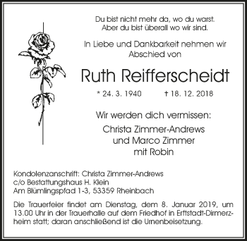 Anzeige von Ruth Reifferscheidt von  Werbepost 