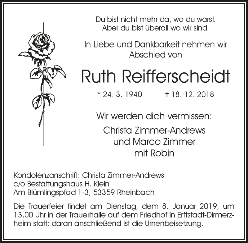  Traueranzeige für Ruth Reifferscheidt vom 02.01.2019 aus  Werbepost 