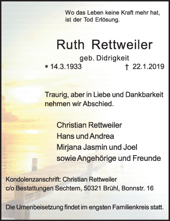 Anzeige von Ruth Rettweiler von  Schlossbote/Werbekurier 