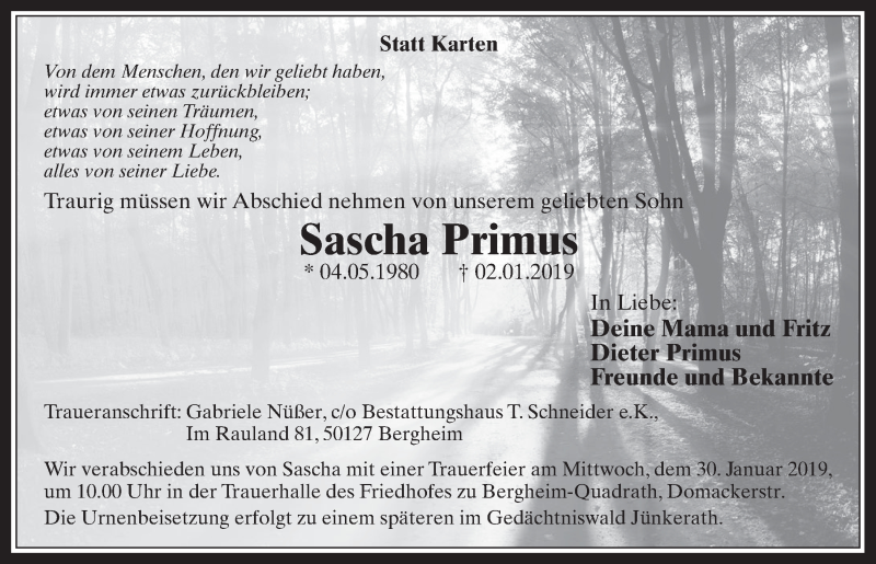  Traueranzeige für Sascha Primus vom 30.01.2019 aus  Werbepost 