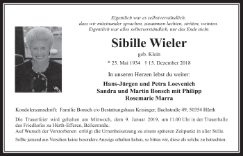 Anzeige von Sibille Wieler von  Wochenende 
